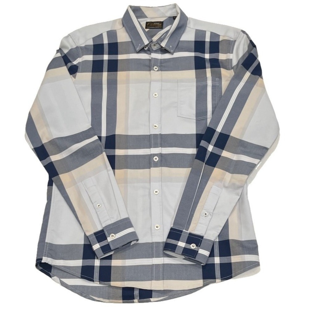 7 Diamonds Vintage Mens Small Blue Tan Plaid Cotton Long Sleeve Button Down